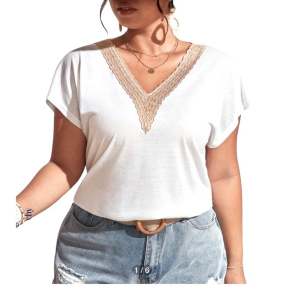 SHEIN White Dolman Sleeve Lace Detail V Neck T-shirt Lightweight White Large